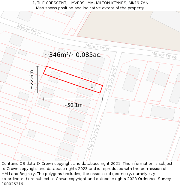 1, THE CRESCENT, HAVERSHAM, MILTON KEYNES, MK19 7AN: Plot and title map