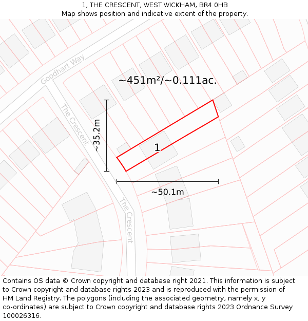1, THE CRESCENT, WEST WICKHAM, BR4 0HB: Plot and title map