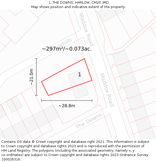 1, THE DOWNS, HARLOW, CM20 3RD: Plot and title map
