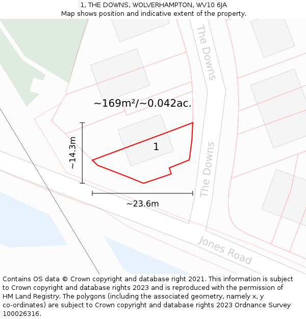 1, THE DOWNS, WOLVERHAMPTON, WV10 6JA: Plot and title map