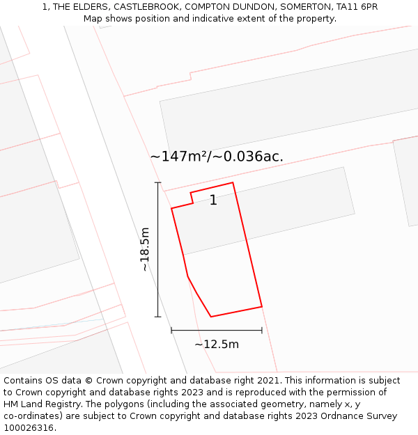 1, THE ELDERS, CASTLEBROOK, COMPTON DUNDON, SOMERTON, TA11 6PR: Plot and title map