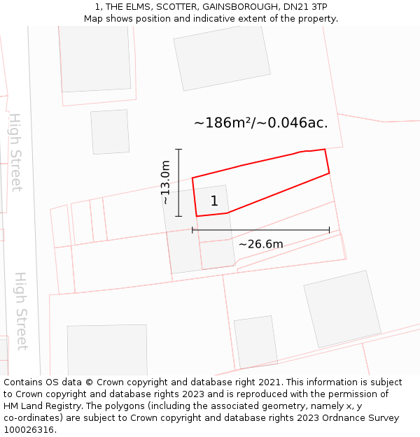 1, THE ELMS, SCOTTER, GAINSBOROUGH, DN21 3TP: Plot and title map