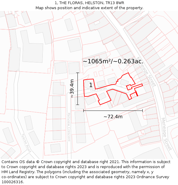 1, THE FLORAS, HELSTON, TR13 8WR: Plot and title map