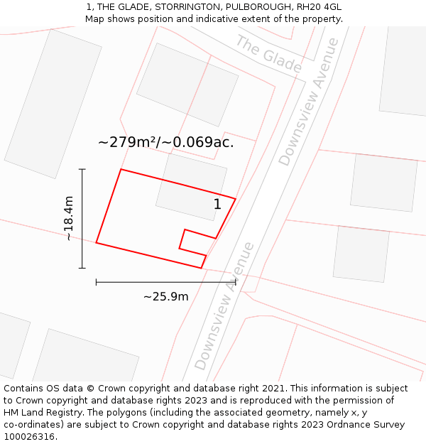 1, THE GLADE, STORRINGTON, PULBOROUGH, RH20 4GL: Plot and title map