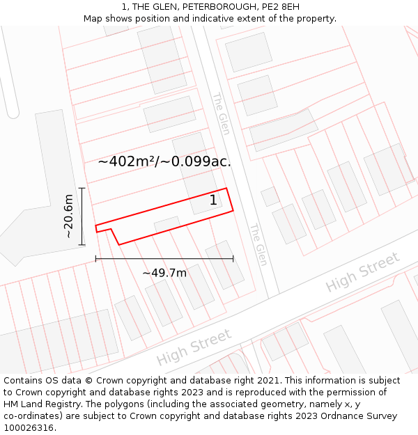 1, THE GLEN, PETERBOROUGH, PE2 8EH: Plot and title map