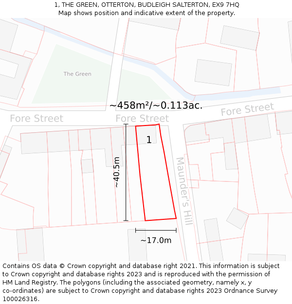 1, THE GREEN, OTTERTON, BUDLEIGH SALTERTON, EX9 7HQ: Plot and title map