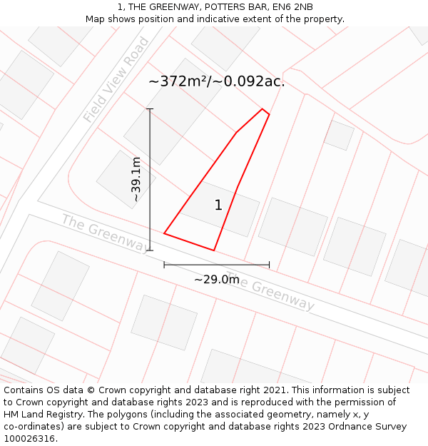 1, THE GREENWAY, POTTERS BAR, EN6 2NB: Plot and title map
