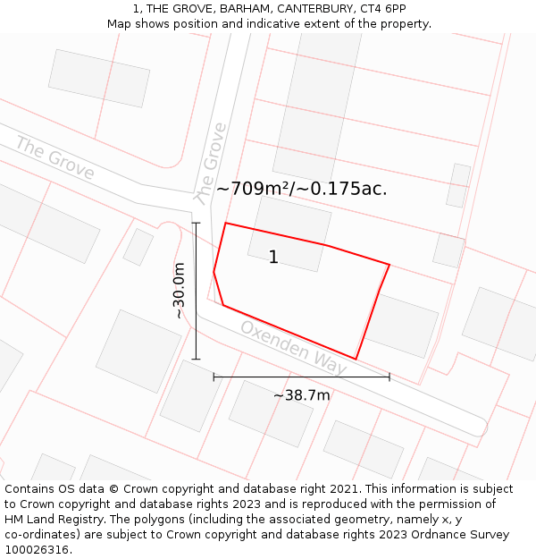 1, THE GROVE, BARHAM, CANTERBURY, CT4 6PP: Plot and title map