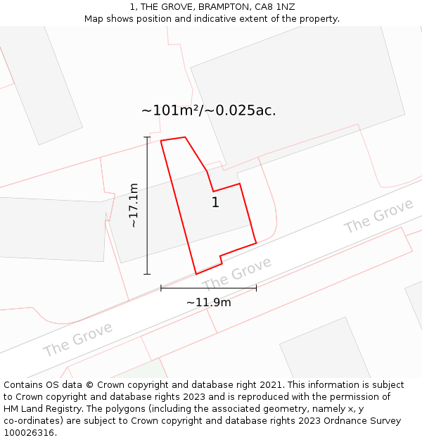 1, THE GROVE, BRAMPTON, CA8 1NZ: Plot and title map