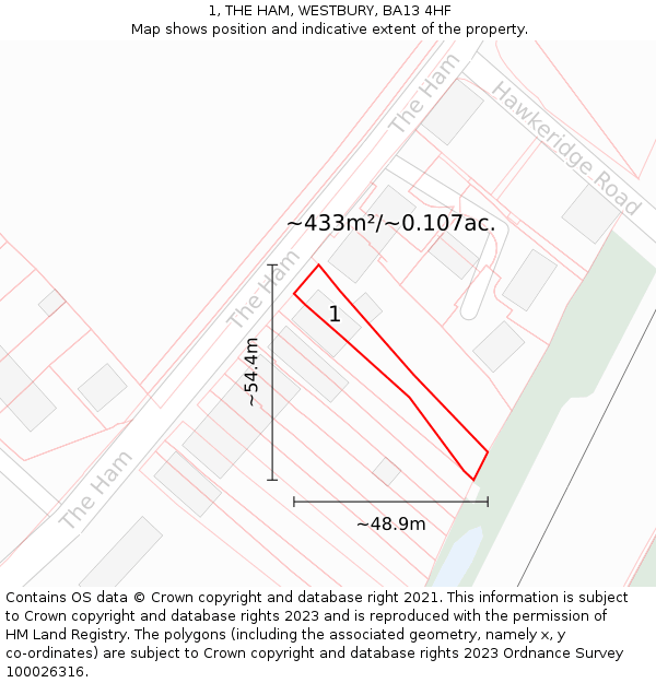 1, THE HAM, WESTBURY, BA13 4HF: Plot and title map