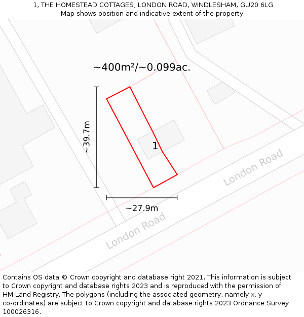 1, THE HOMESTEAD COTTAGES, LONDON ROAD, WINDLESHAM, GU20 6LG: Plot and title map