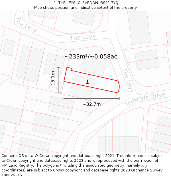 1, THE LEYS, CLEVEDON, BS21 7YQ: Plot and title map