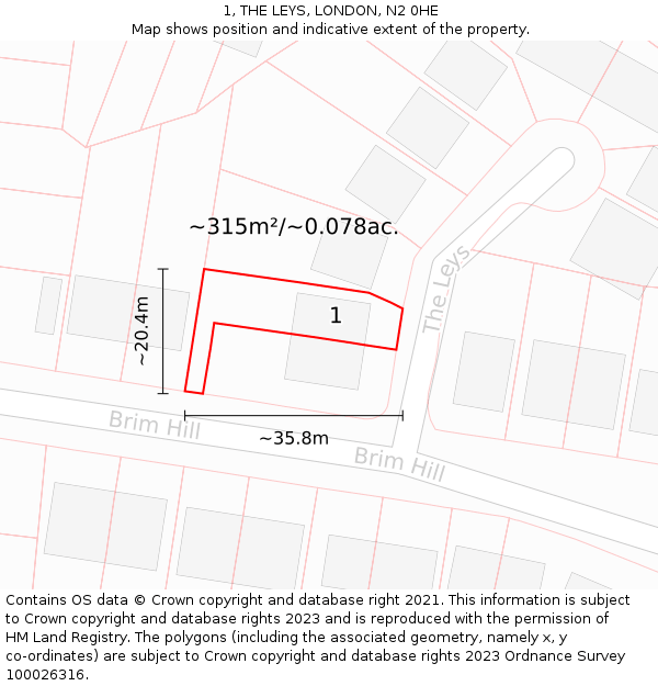 1, THE LEYS, LONDON, N2 0HE: Plot and title map