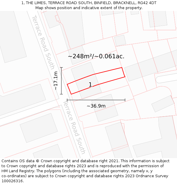 1, THE LIMES, TERRACE ROAD SOUTH, BINFIELD, BRACKNELL, RG42 4DT: Plot and title map