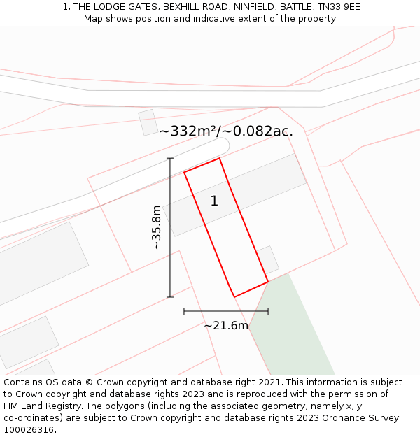 1, THE LODGE GATES, BEXHILL ROAD, NINFIELD, BATTLE, TN33 9EE: Plot and title map