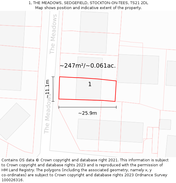 1, THE MEADOWS, SEDGEFIELD, STOCKTON-ON-TEES, TS21 2DL: Plot and title map