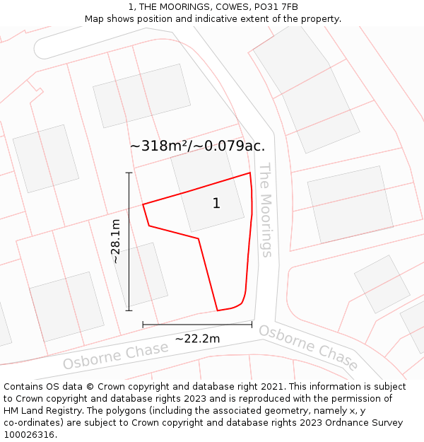 1, THE MOORINGS, COWES, PO31 7FB: Plot and title map