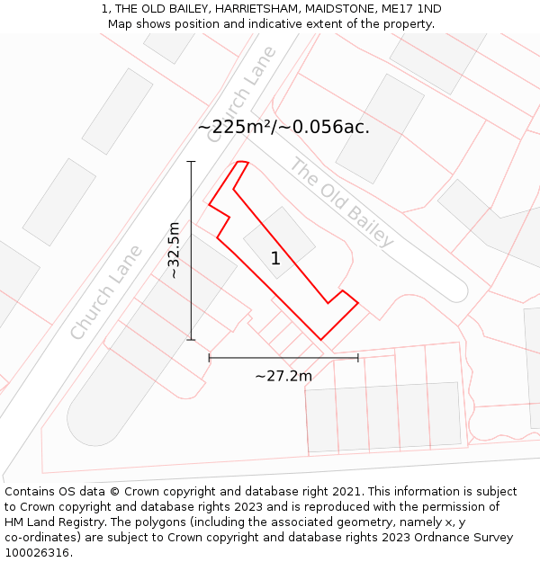 1, THE OLD BAILEY, HARRIETSHAM, MAIDSTONE, ME17 1ND: Plot and title map