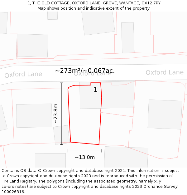 1, THE OLD COTTAGE, OXFORD LANE, GROVE, WANTAGE, OX12 7PY: Plot and title map