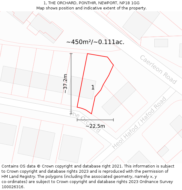 1, THE ORCHARD, PONTHIR, NEWPORT, NP18 1GG: Plot and title map