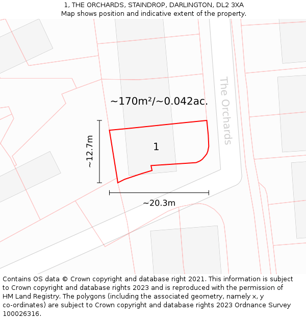 1, THE ORCHARDS, STAINDROP, DARLINGTON, DL2 3XA: Plot and title map