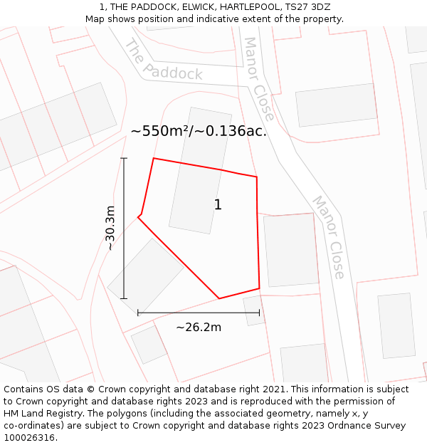 1, THE PADDOCK, ELWICK, HARTLEPOOL, TS27 3DZ: Plot and title map