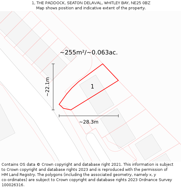 1, THE PADDOCK, SEATON DELAVAL, WHITLEY BAY, NE25 0BZ: Plot and title map