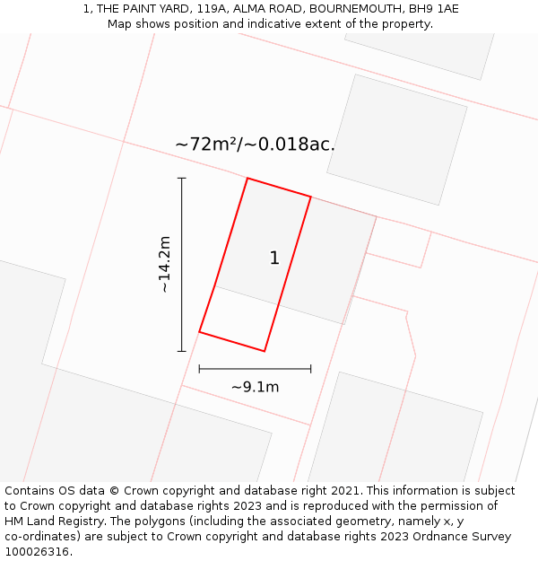 1, THE PAINT YARD, 119A, ALMA ROAD, BOURNEMOUTH, BH9 1AE: Plot and title map