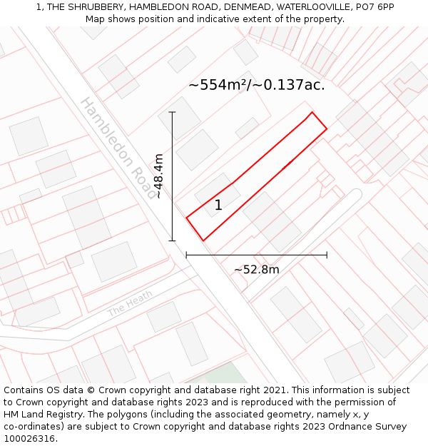 1, THE SHRUBBERY, HAMBLEDON ROAD, DENMEAD, WATERLOOVILLE, PO7 6PP: Plot and title map
