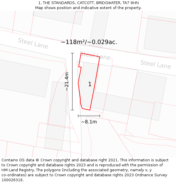 1, THE STANDARDS, CATCOTT, BRIDGWATER, TA7 9HN: Plot and title map