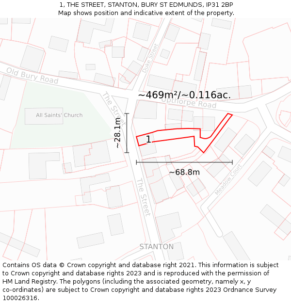 1, THE STREET, STANTON, BURY ST EDMUNDS, IP31 2BP: Plot and title map