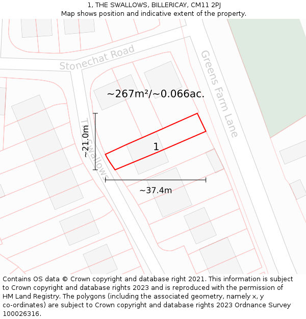 1, THE SWALLOWS, BILLERICAY, CM11 2PJ: Plot and title map