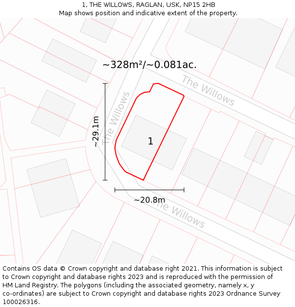 1, THE WILLOWS, RAGLAN, USK, NP15 2HB: Plot and title map
