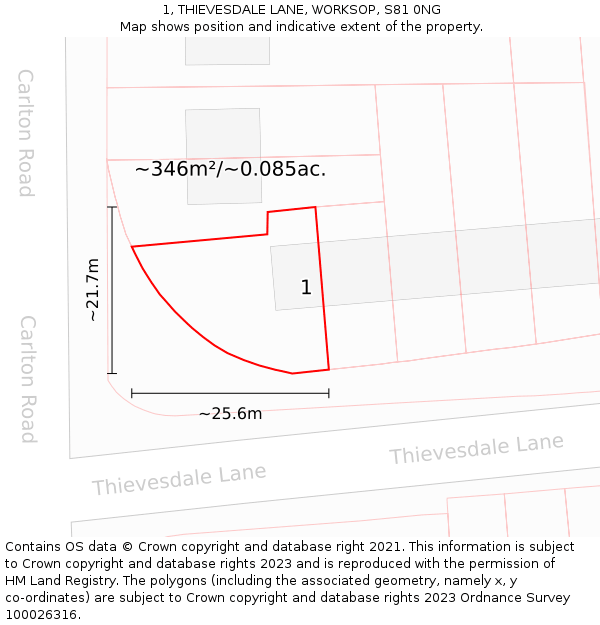 1, THIEVESDALE LANE, WORKSOP, S81 0NG: Plot and title map