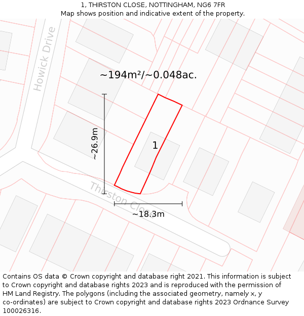 1, THIRSTON CLOSE, NOTTINGHAM, NG6 7FR: Plot and title map