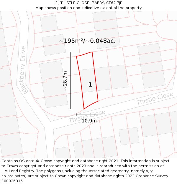 1, THISTLE CLOSE, BARRY, CF62 7JP: Plot and title map