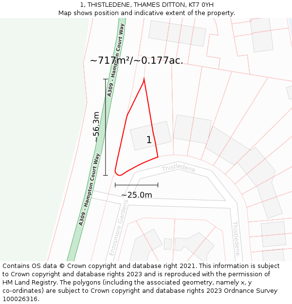 1, THISTLEDENE, THAMES DITTON, KT7 0YH: Plot and title map