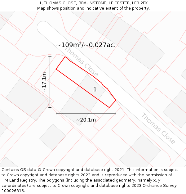 1, THOMAS CLOSE, BRAUNSTONE, LEICESTER, LE3 2FX: Plot and title map