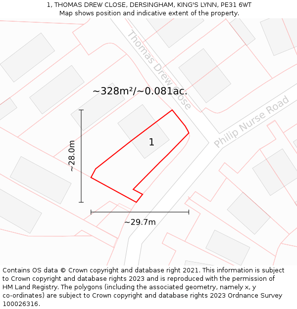 1, THOMAS DREW CLOSE, DERSINGHAM, KING'S LYNN, PE31 6WT: Plot and title map