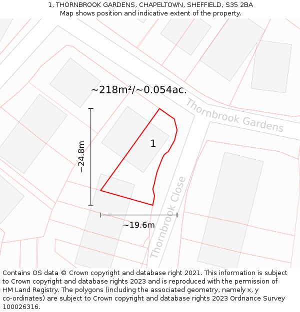 1, THORNBROOK GARDENS, CHAPELTOWN, SHEFFIELD, S35 2BA: Plot and title map