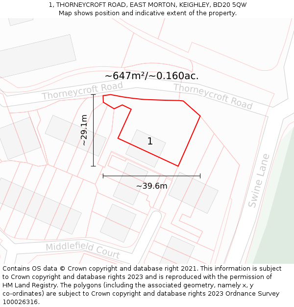 1, THORNEYCROFT ROAD, EAST MORTON, KEIGHLEY, BD20 5QW: Plot and title map
