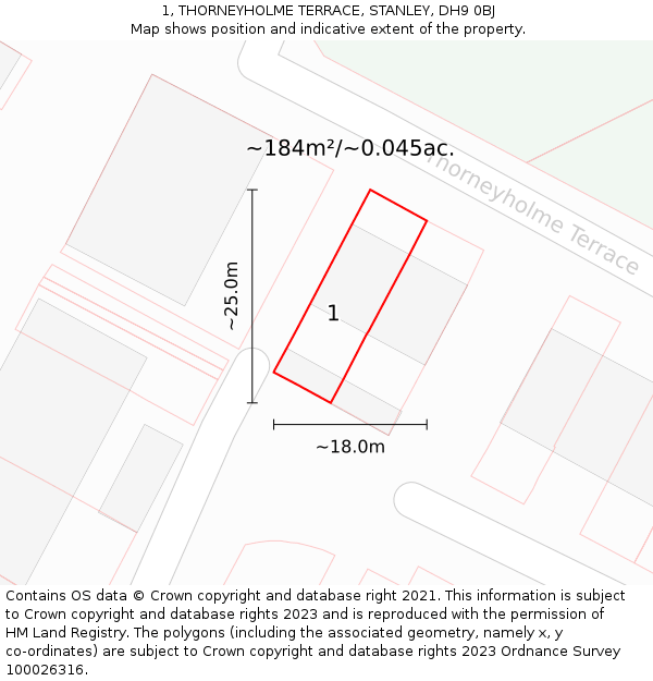 1, THORNEYHOLME TERRACE, STANLEY, DH9 0BJ: Plot and title map
