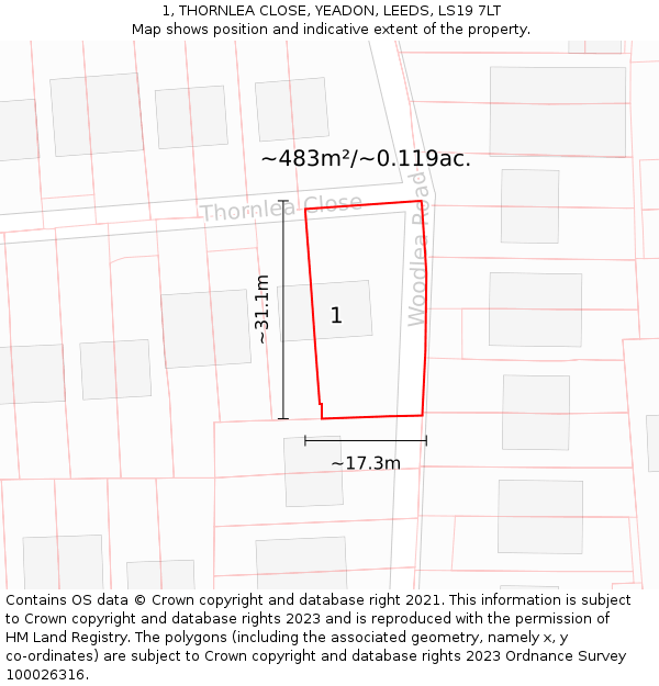 1, THORNLEA CLOSE, YEADON, LEEDS, LS19 7LT: Plot and title map
