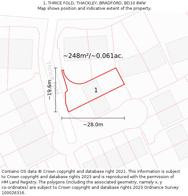 1, THRICE FOLD, THACKLEY, BRADFORD, BD10 8WW: Plot and title map