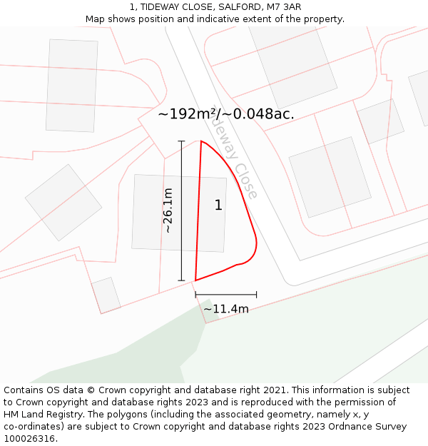 1, TIDEWAY CLOSE, SALFORD, M7 3AR: Plot and title map