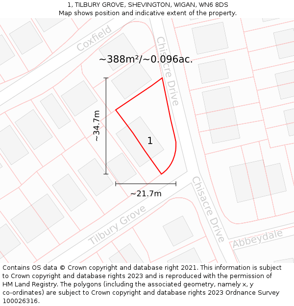 1, TILBURY GROVE, SHEVINGTON, WIGAN, WN6 8DS: Plot and title map
