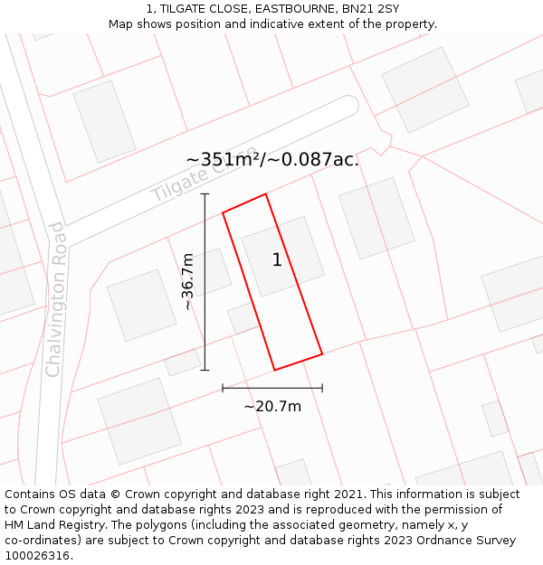 1, TILGATE CLOSE, EASTBOURNE, BN21 2SY: Plot and title map