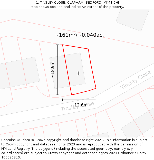 1, TINSLEY CLOSE, CLAPHAM, BEDFORD, MK41 6HJ: Plot and title map