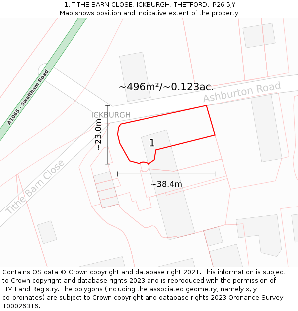 1, TITHE BARN CLOSE, ICKBURGH, THETFORD, IP26 5JY: Plot and title map