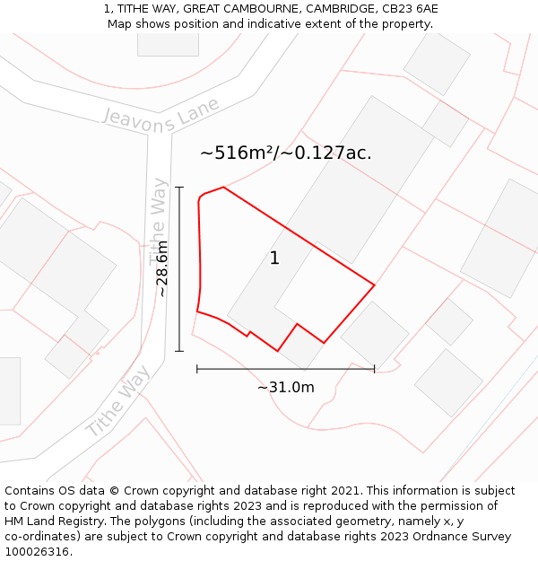 1, TITHE WAY, GREAT CAMBOURNE, CAMBRIDGE, CB23 6AE: Plot and title map